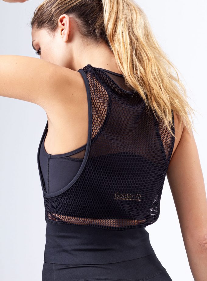 T-shirt manga cava preta em malha de rede